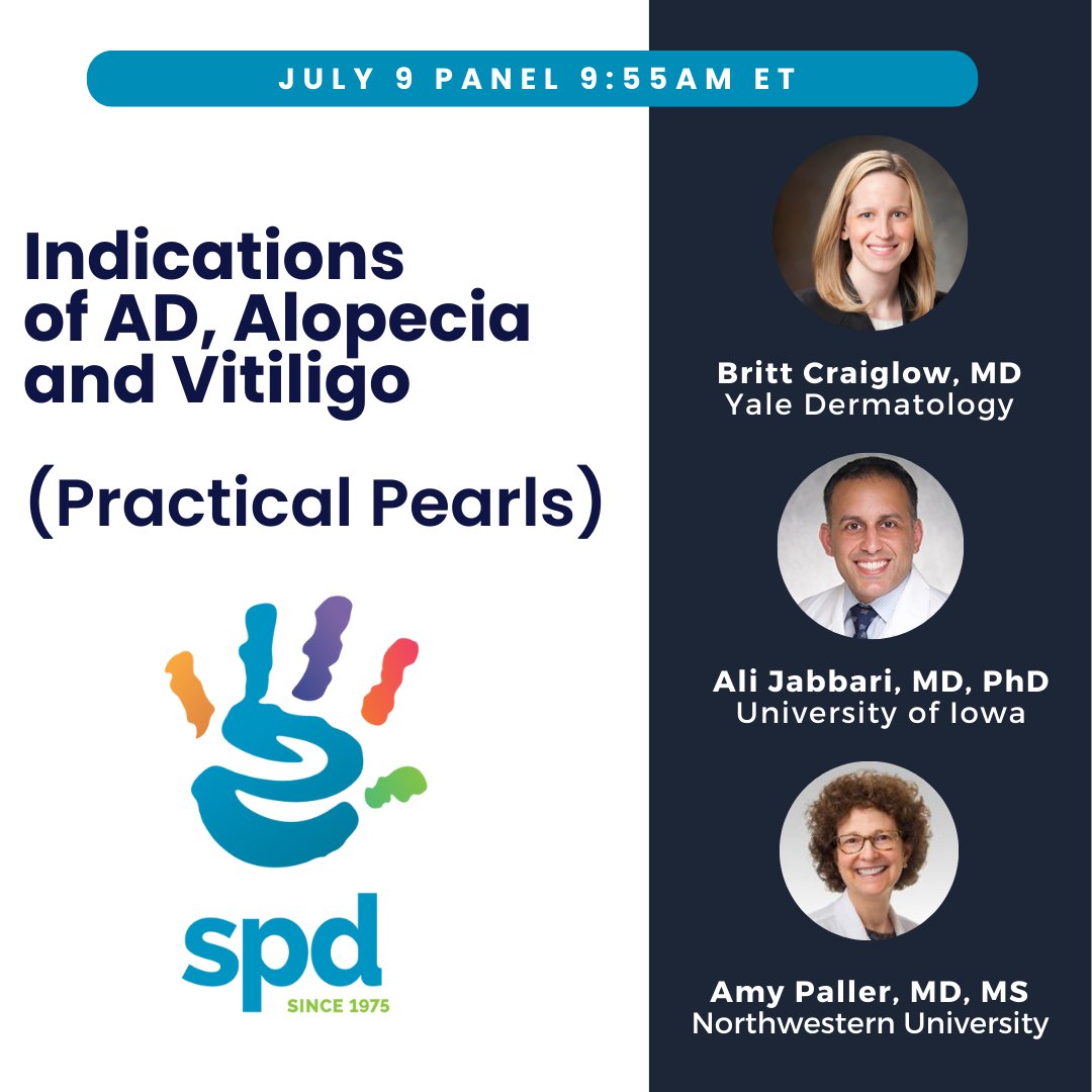 SocietyPedsDerm's tweet photo. We’re ready to learn more about Atopic Dermatitis, Alopecia and Vitiligo during the panel discussion featuring Britt Craiglow, MD (@dermdoctorbritt), @jabbariali, MD, PhD, and Amy Paller, MD, MS. #SPD2022 https://t.co/er9m1jae2d