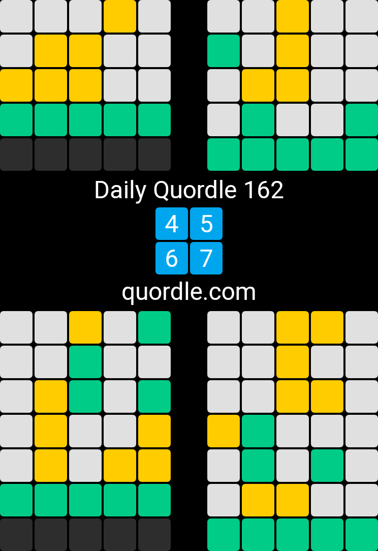 Eva_oder's tweet image. Daily Quordle 162
4️⃣5️⃣
6️⃣7️⃣
quordle.com