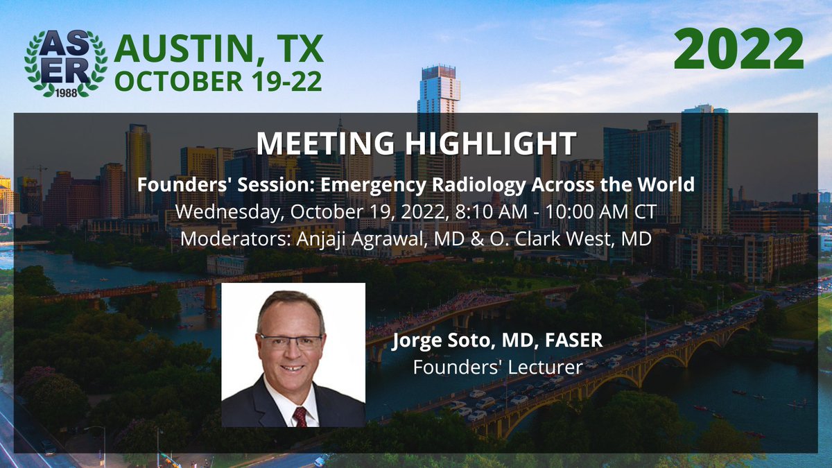 Say hello to Jorge Soto, MD, FASER — the Founders' Lecturer at #ASER2022! Hear him cover the history + current state of #ERad to kick off the opening session on Wednesday, October 19 at 8:10 AM. View the full agenda + secure your spot now: buff.ly/3NZnH7P