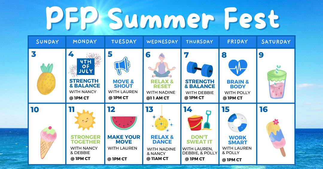 Powerparkinsons's tweet photo. It's PFP Summer Fest!!! ☀️
Starting TOMORROW we will be streaming a series of FUN Summer fitness classes on YouTube as part of our Summer Fest celebration.  Nadine will kick off the festivities at 11:00 am CT!
We invite everyone to join in on the fun here, https://t.co/rxtn1ZMI3b https://t.co/6ervtofeav
