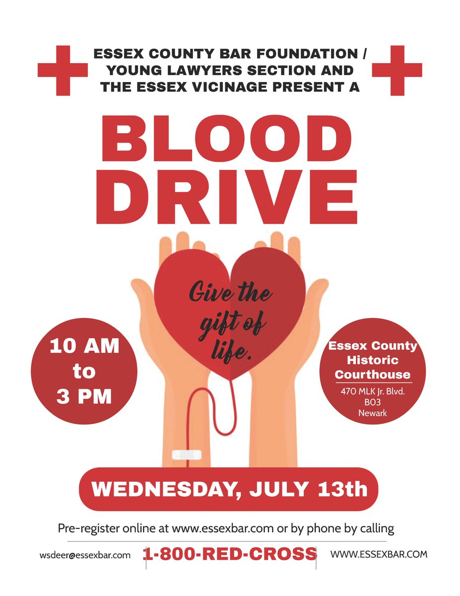 Only five spots left for the ECBF and Essex Vicinage Blood Drive on July 13th!  Register Today at redcrossblood.org/give.html/driv… #ecbanj