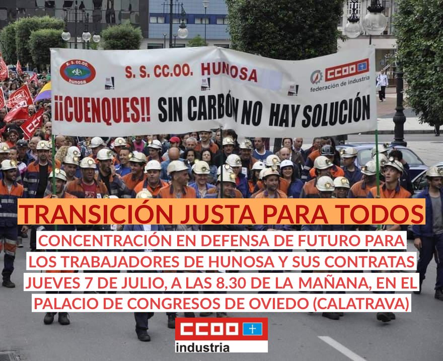 Jueves día 7 la Ministra de <a href="/mitecogob/">Transición Ecológica y Reto Demográfico</a>, <a href="/Teresaribera/">Teresa Ribera</a>, estará en el Palacio de Congresos de Oviedo. Por lo que convocamos  una concentración a las 8.30.
Para exigir una Transición Justa y real para todos/as  los trabajadores/as de Hunosa y de sus contratas y subcontratas!!!