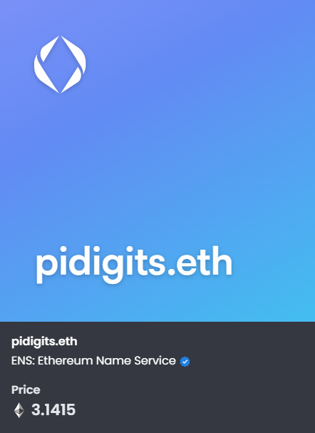 ensgoat's tweet photo. pidigits.eth for 3.1415E
I will not sell this specific #ensdomains for any other price, lower or higher. for the #Culture
♠️Created date: 23/June/2017 ~ #prepunk
#pidigits https://t.co/nSSNhW4lyO