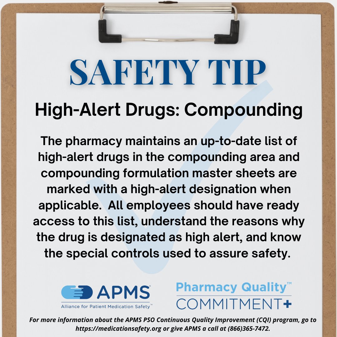 TNPharmacists's tweet photo. Looking to address #MedicationSafety in your practice? This month's Med Safety Tip from @APMS_PSO focuses on high-alert drugs in compounding. To get a Continuous Quality Improvement (CQI) program started, go to https://t.co/y7LeMefKtA or call APMS® at (866)365-7472. #TPATips https://t.co/qiQNs57iGw