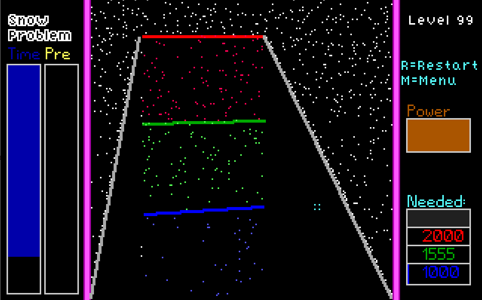 IndieGameNews1's tweet image. My #indiedev right now is after the kids go to bed, I design a handful of #SnowProblem levels and play them until I prove they're possible to beat, then assign them a level number that seems fitting to their difficulty.

I've just completed level 99!😄