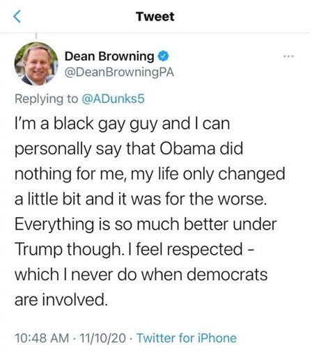 i will never forget the day republican politician dean browning forgot to log into his burner account and tweeted from his main about being a black gay man