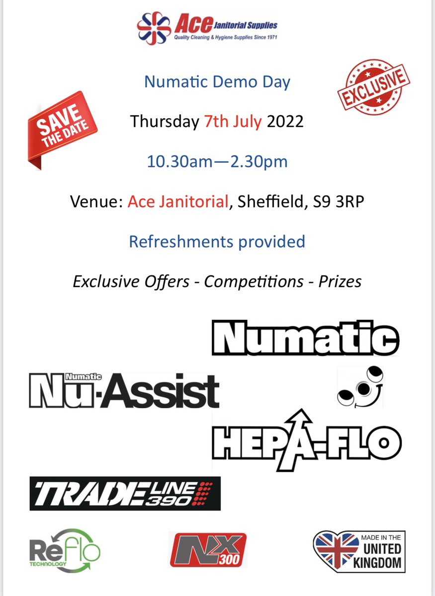 AceJanitorial's tweet photo. #Numatic Demo Day at Ace Janitorial #Sheffield this #Thursday 7th July, come along to see the latest &amp; greatest in #Cleaning Equipment https://t.co/xgHWkl2HQl