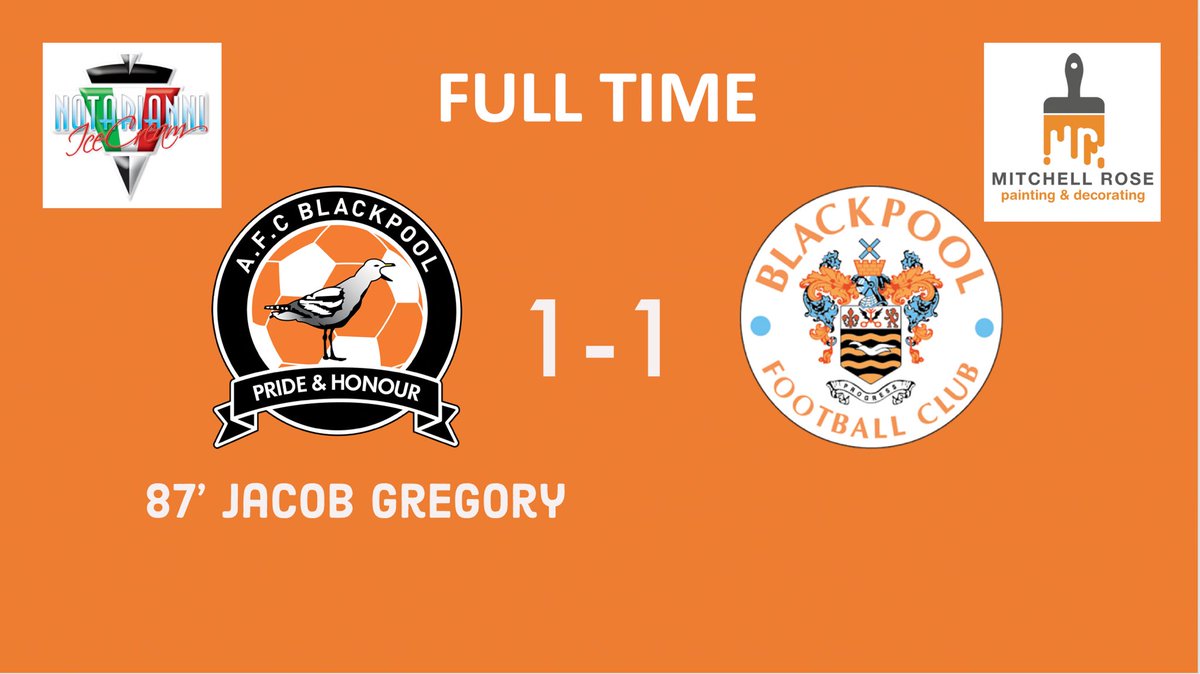 FULL TIME: AFC 1-1 <a href="/BlackpoolFC/">Blackpool FC</a> - Jacob Gregory’s late, late goal seals a point for AFC against the visitors! A very good performance from Martin Baird’s side! 

Match Sponsor: <a href="/Notarianniices/">Notarianni Ice Cream</a> 
Ball Sponsor: Mitchell Rose Plumbing &amp; Heating #upthemechs