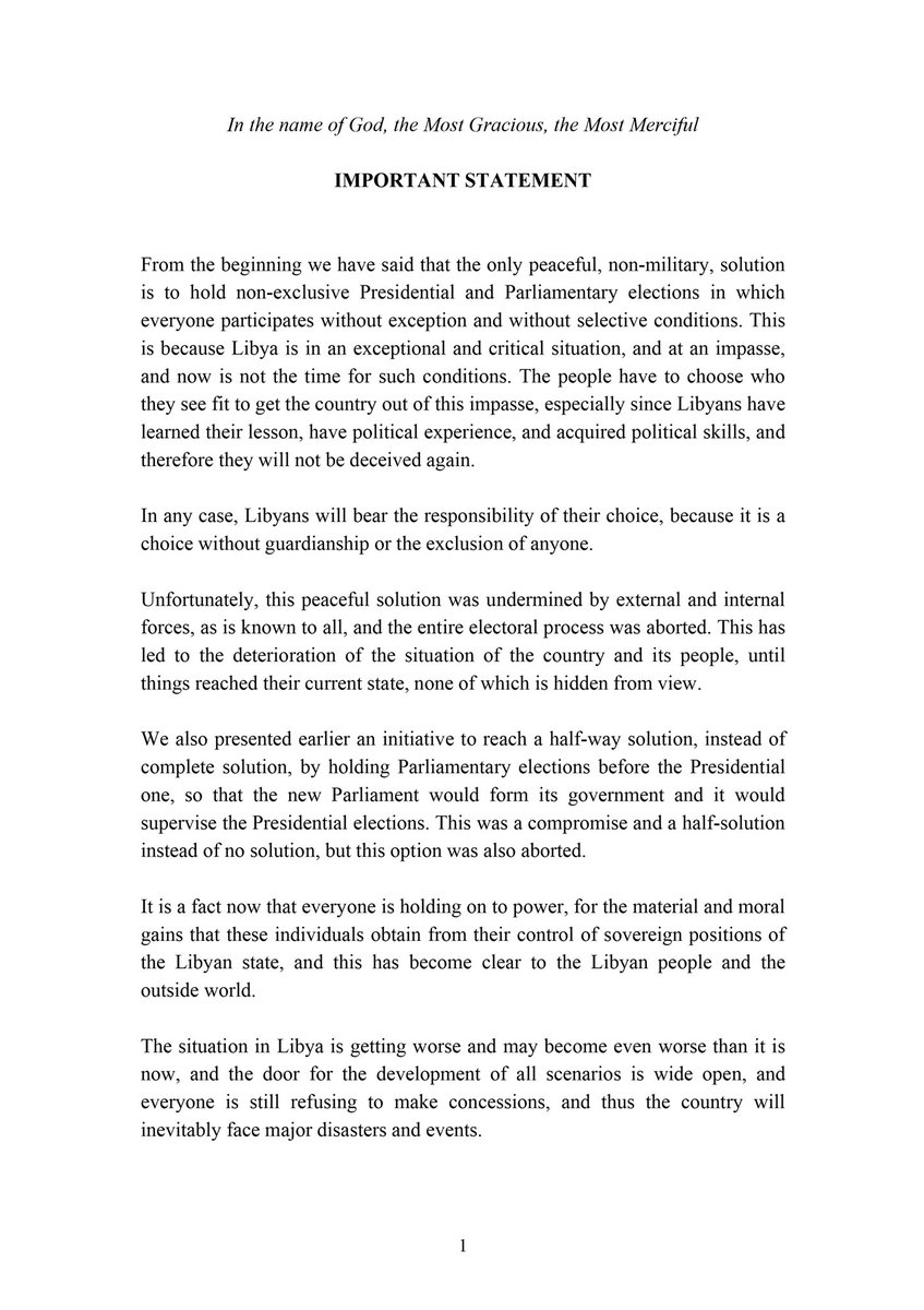 ObservatoryLY's tweet photo. BREAKING | Full text of statement, translated into English by #AlMarsad, of the initiative by #Saif Al-Islam #Gaddafi on formation of a neutral body to establish an inclusive electoral law or the withdrawal of all controversial candidates from Presidential elections. #Libya https://t.co/BN4q8fG1mX