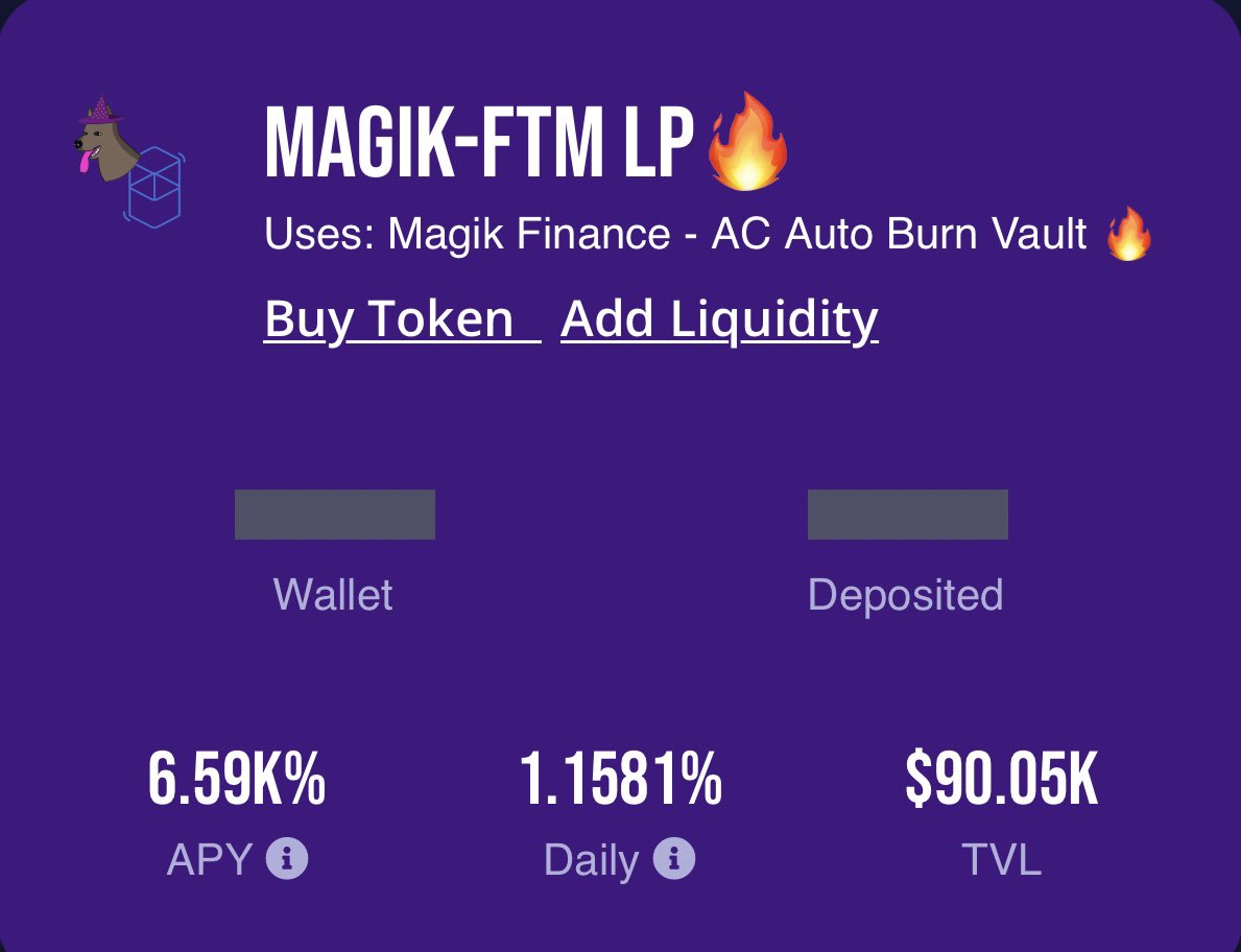 WorldofMagik's tweet image. You can get 1.15% daily apr over at Magik.Farm with the $Magik - $FTM LP!

Create your LP @Spirit_Swap and deposit to earn and burn.

Our vault will automagikally increase liquidity as well as buy extra $Magik using performance fees to burn them!