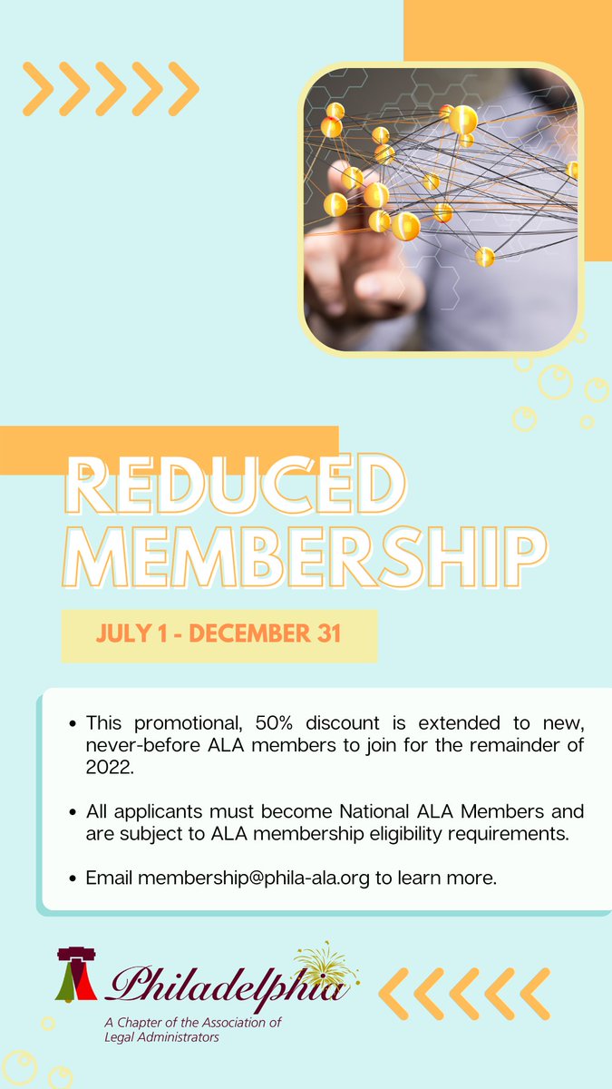 Thinking about joining the #PhilaALA? Now is the time! Sign up now - 8/1 and get membership through December 31, 2022 for just $50.00! Email membership@phila-ala.org for more information and to sign-up.
#ALA #legalmanagement #legaloperations #lawfirmmanagement #lawfirmleadership