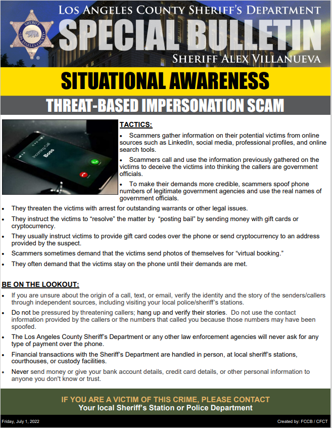 LASDCyber's tweet photo. @LASDHQ will never ask you to pay a fine or fee with cryptocurrency or gift cards.  Verify the callers identity before releasing any information or money. @iafci @FBILosAngeles https://t.co/JuNEz8ifmT