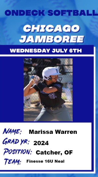 warren_rissa's tweet photo. I’ve been fortunate to have the opportunity to show off my skills at the Chicago Jamoree tomorrow! @ondecksoftball @16uNeal https://t.co/yZzuL5F4tZ