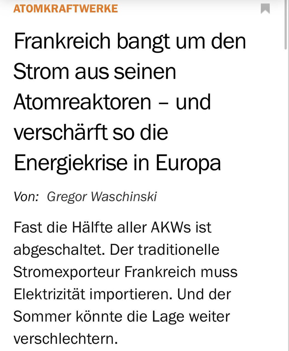Entscheidungshilfe für meine Kolleginnen und Kollegen der pro Atom-Fraktion im 🇪🇺-Parlament:

Frankreichs Atommeiler sind seit Monaten zu 50% vom Netz weil marode. Jetzt kommt der Sommer und fehlendes Kühlwasser hinzu.

Und das wollt ihr echt Supporten?! 🤔

#NotMyTaxonomy