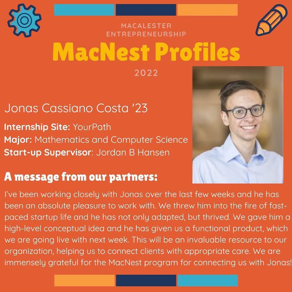 mac_eship's tweet photo. Jonas, class of ‘23, is spending the summer working with YourPath, an innovative new digital healthcare provider. Swipe to learn more! #heymac https://t.co/dnRQWYKlSl