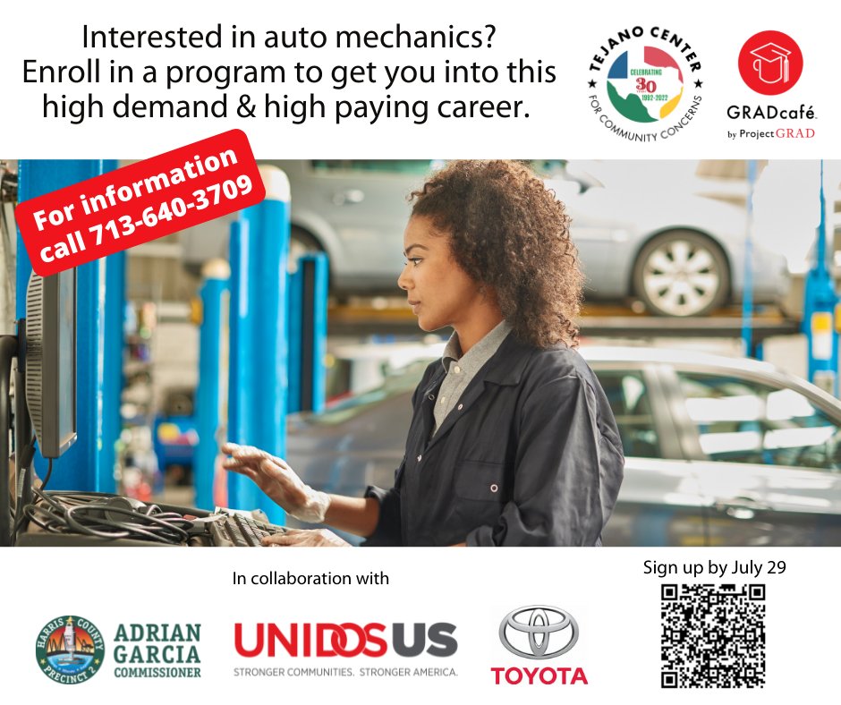 We can help you prepare for this high paying career in auto mechanics. Call to learn about the program &amp; the paid internship opportunity or sign up now at bit.ly/GRADauto.
#MakingItHappenTogether @TejanoCenter1 <a href="/WeAreUnidosUS/">UnidosUS</a>