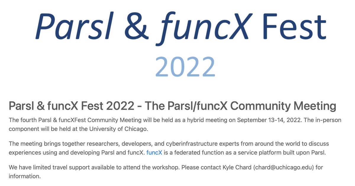 Parsl &amp; funcX Fest 2022 is coming 13-14 Sept, Chicago &amp; virtual

Come, listen, and learn, or give a lightning talk:

parsl-project.org/parslfest2022.…
