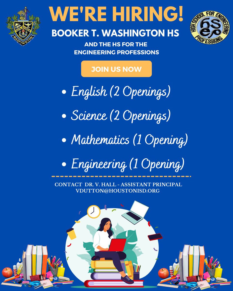 Booker T. Washington (@btw_houston) on Twitter photo Are you looking for a great place to utilize your teaching skills in a innovative way? Join the  <a href="/BTW_Houston/">Booker T. Washington</a> staff today….We are Ready to Welcome you!!! 💙💛🤗 Are you looking for a great place to utilize your teaching skills in a innovative way? Join the  <a href="/BTW_Houston/">Booker T. Washington</a> staff today….We are Ready to Welcome you!!! 💙💛🤗