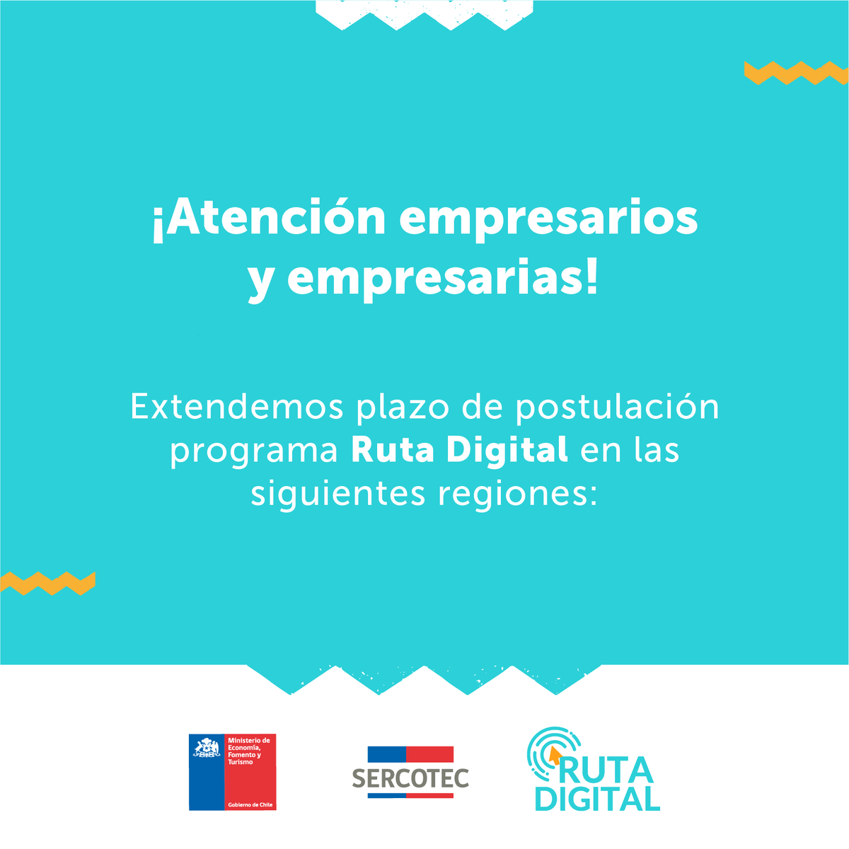 Sercotec_Chile's tweet photo. 📣 ¡Atención 📣 Hemos extendido el proceso de postulación al #KitDigital hasta el 12 de julio en las siguientes regiones: 
#AricayParinacota, #Tarapacá, #Antofagasta, #Atacama, #Coquimbo, #Ñuble, #LosLagos y #Aysén. 

💻 Realiza los cursos en https://t.co/GbSn8mobsj👏 https://t.co/a7yDSPecy4