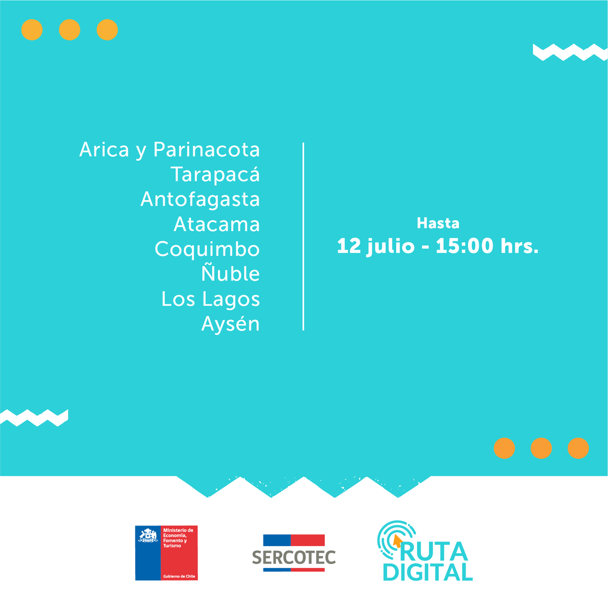 Sercotec_Chile's tweet photo. 📣 ¡Atención 📣 Hemos extendido el proceso de postulación al #KitDigital hasta el 12 de julio en las siguientes regiones: 
#AricayParinacota, #Tarapacá, #Antofagasta, #Atacama, #Coquimbo, #Ñuble, #LosLagos y #Aysén. 

💻 Realiza los cursos en https://t.co/GbSn8mobsj👏 https://t.co/a7yDSPecy4