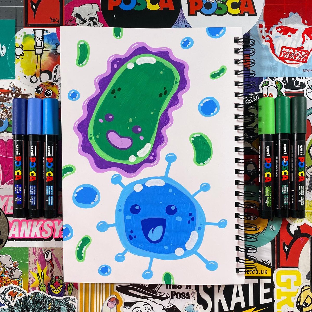 Korporate's tweet photo. Have you entered the #poscaartistoftheyear competition yet? Here’s an idea for you. In todays Posca Club we drew the kind of bugs you’d find in a Petri dish. #korpacademy #poscaclub #learntodraw #poscapens https://t.co/T4pbaLR6wf