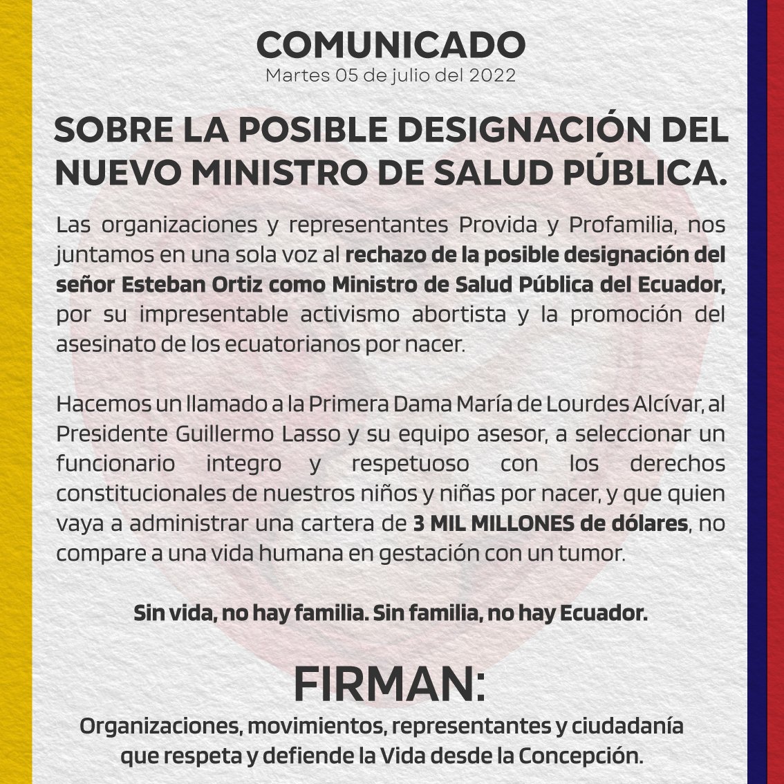 🚨COMUNICADO sobre la posible designación del Señor Esteban Ortiz <a href="/EstebanOrtizMD/">Esteban Ortiz</a> como Ministro de Salud Pública <a href="/Salud_Ec/">Ministerio de Salud Pública 🇪🇨</a> 
<a href="/ABorreroVega/">Alfredo Borrero Vega</a>
#NoAbortiz
