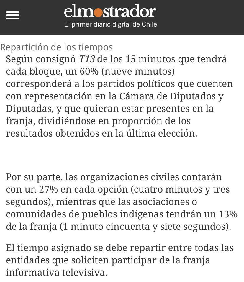 Lo de siempre, los de siempre: los partidos 60% de la franja de TV, 27% organizaciones civiles y 1 m 57 s los pueblos originarios. <a href="/elmostrador/">El Mostrador</a>