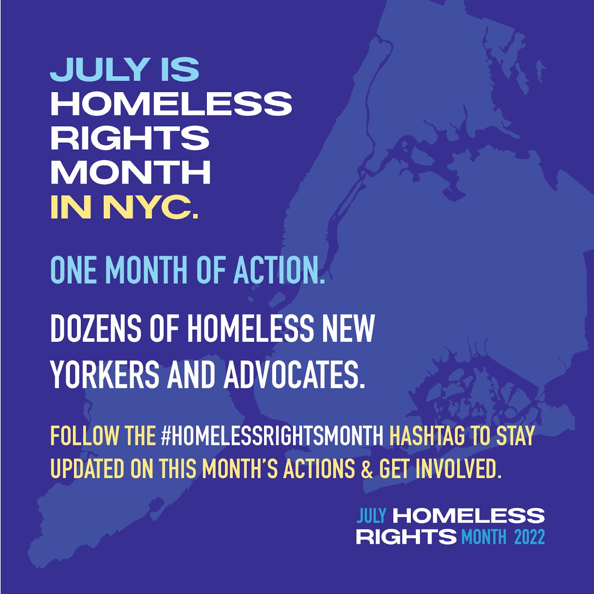 We're joining homeless NYers + advocates for July #HomelessRightsMonth, calling on the city and state to: 1) Stop the sweeps 2) Fast-track housing 3) Provide shelter with privacy and dignity! Join us at actions this month & follow #HomelessRightsMonth to stay updated!