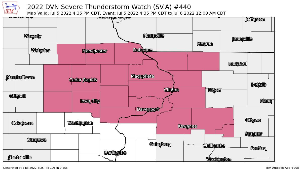 iembot_dvn's tweet photo. DVN issues Severe Thunderstorm Watch till Jul 6, 12:00 AM CDT https://t.co/W2HUyQgRDQ https://t.co/tSAQSakmF1