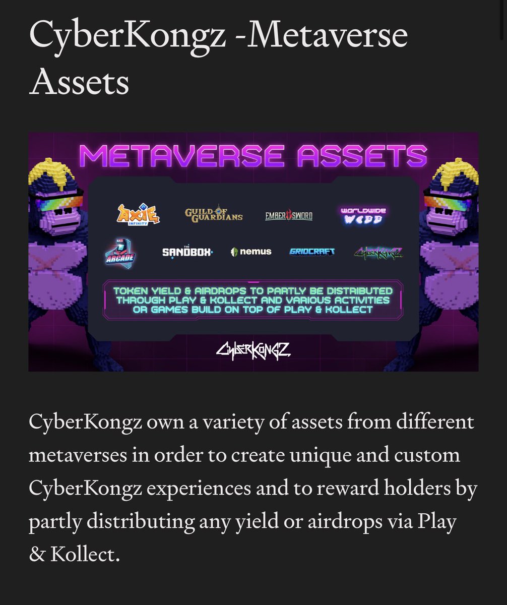 TheSandboxGame's tweet photo. The @CyberKongz community who owns 800 LANDS lays down their roadmap in @TheSandboxGame. CyberKong VX owners can use their NFT as their avatar and equip wearables minted from Play &amp; Kollect.  $SAND tokens airdropped as they play experiences in Neo Kongz City and Kongz Island 👇 https://t.co/nBGI2GnFto