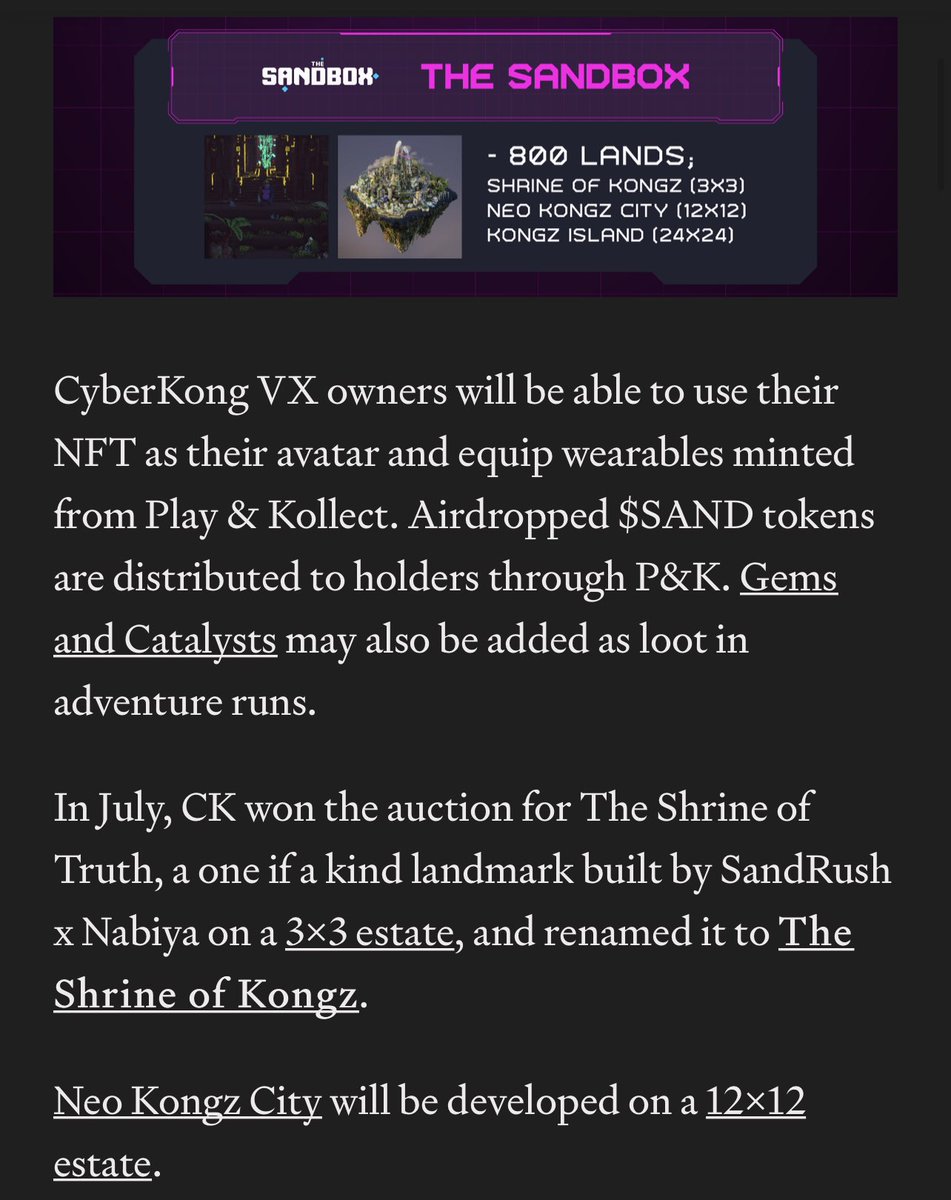 TheSandboxGame's tweet photo. The @CyberKongz community who owns 800 LANDS lays down their roadmap in @TheSandboxGame. CyberKong VX owners can use their NFT as their avatar and equip wearables minted from Play &amp; Kollect.  $SAND tokens airdropped as they play experiences in Neo Kongz City and Kongz Island 👇 https://t.co/nBGI2GnFto