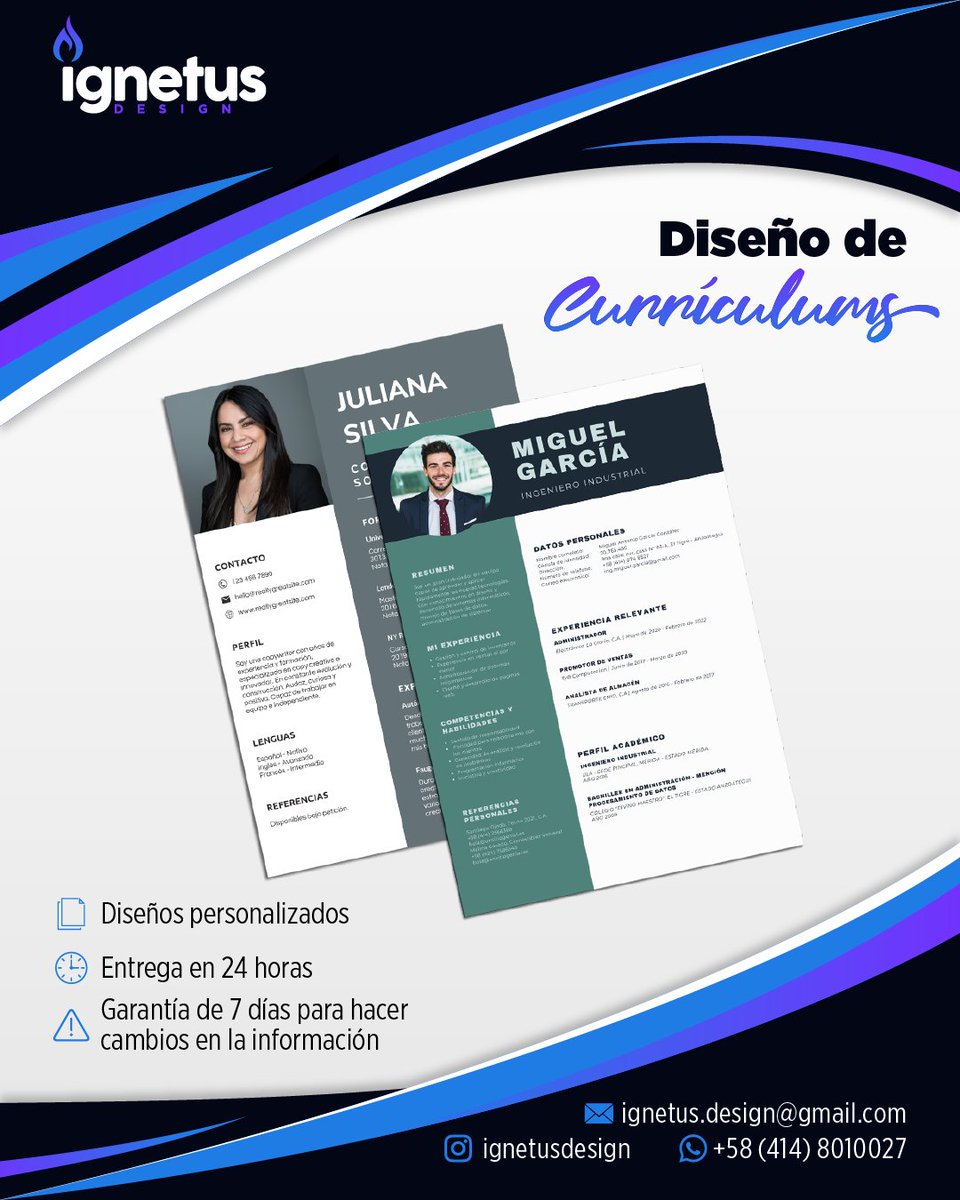 ignetusdesign's tweet photo. Mejoramos tu imagen profesional diseñando tu currículum para que destaque sobre los demás.
Contáctanos y conoce todos nuestros servicios de diseño gráfico.
#diseñografico #curriculums #logos #identidadcorporativa #venezuela https://t.co/vzU4JQCiRh