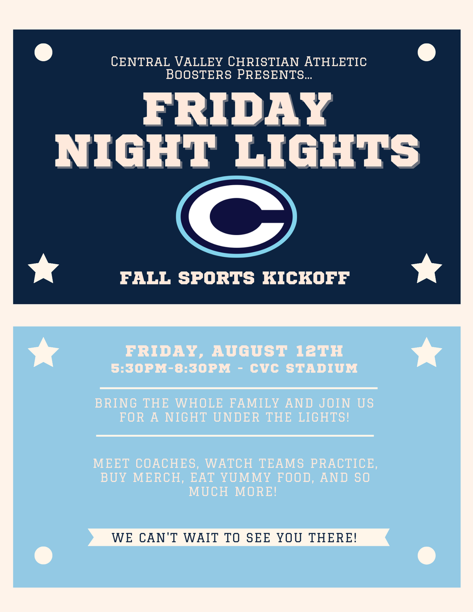 cvcschool's tweet photo. Mark your calendars!!
🗓️: August 12
⏰: 5:30-8:30PM
📍: CVC Cavalier Stadium
Bring the whole family and join us for a fun night under the Friday Night Lights! https://t.co/pmrVobxvIs
