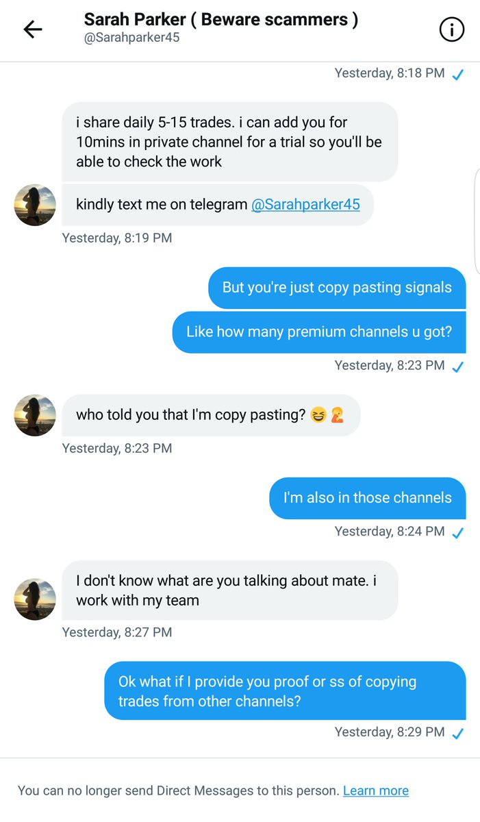 cryptoamirii's tweet photo. Hi Guys @Sarahparker45 is Scammer she is just copy pasting other signals and charging for you guys and now she blocked me for exposing her be aware of this type of scammers Proof Attached Below 👇👇 More Proof in DM if you want more Stay Safe Brothers @KimiKim84 @CryptoSid1999 https://t.co/coZENNvIh6