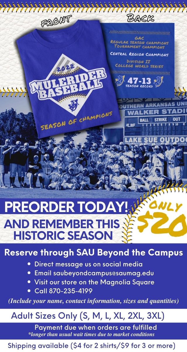 ‼️‼️‼️ <a href="/SAUBaseball/">Mulerider Baseball</a> fans🤩 Don’t miss out on a chance to snag this commemorative tee honoring the Muleriders’ historic run to Cary‼️ Preorder with SAU Beyond The Campus today‼️⚾️🔥 #GoMuleriders #GoBigBlue