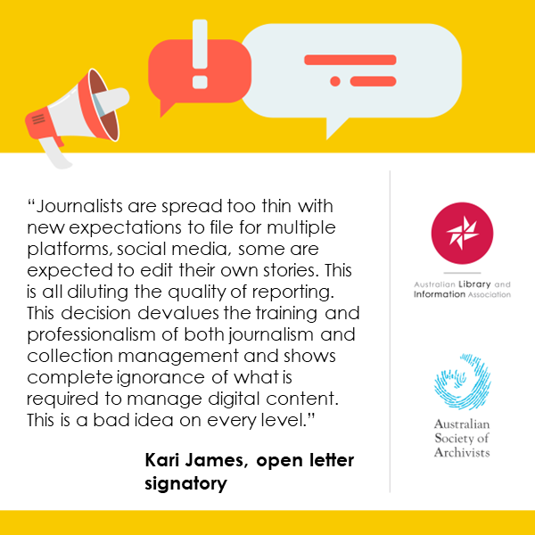 ALIANational's tweet photo. Join more than 2,400 signatories of the joint open letter with @ausarchivists on proposed cuts to ABC library and archive professional roles.
Sign the open letter now: https://t.co/JnbjkDQGGk
#library #libraries #advocacymatters #libraryjobs https://t.co/XSOG2mlOP4