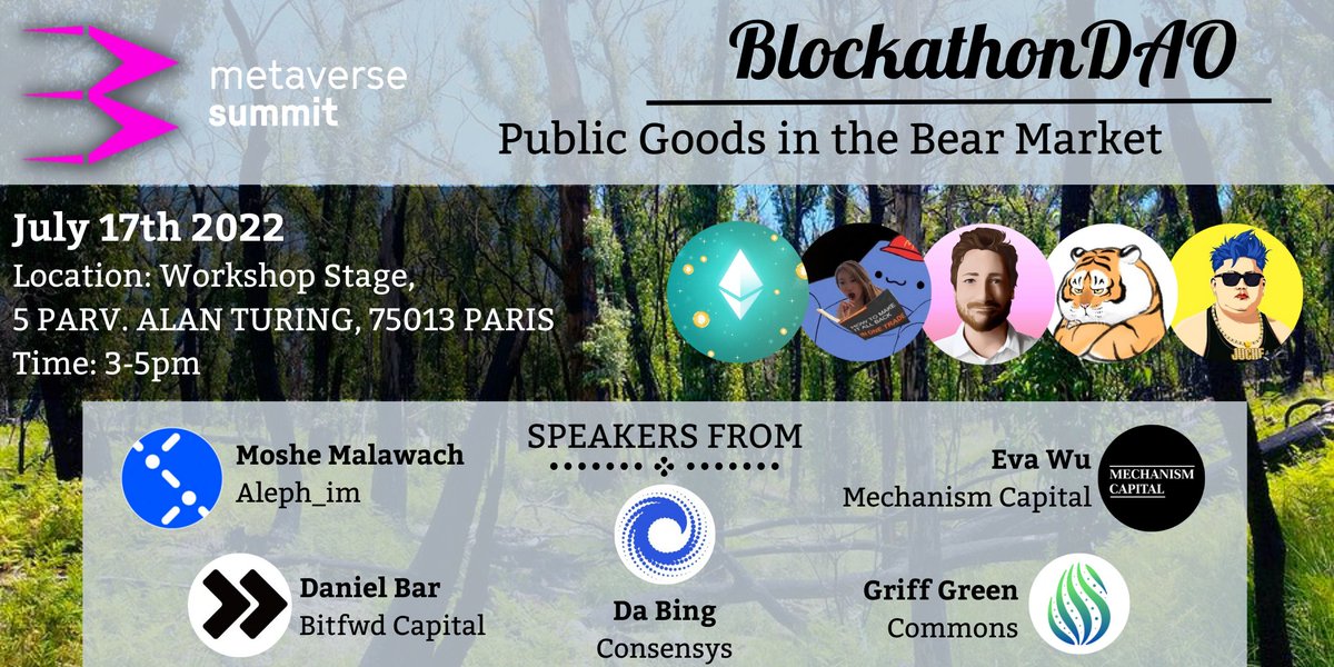Blockathon_DAO's tweet image. Presenting "Public Goods in the Bear market", @metaverse_conf

📅 July 17th 2022, 3-5pm, Paris

@thegrifft, of @commonsstack, @Givethio 
@MosheMalawach, CEO @aleph_im
@wvaeu, @MechanismCap
@hotpot_dao, @ConsenSys
@danieltbar, @bitfwdxyz
 
Register ⋙ bit.ly/3ag2fNQ