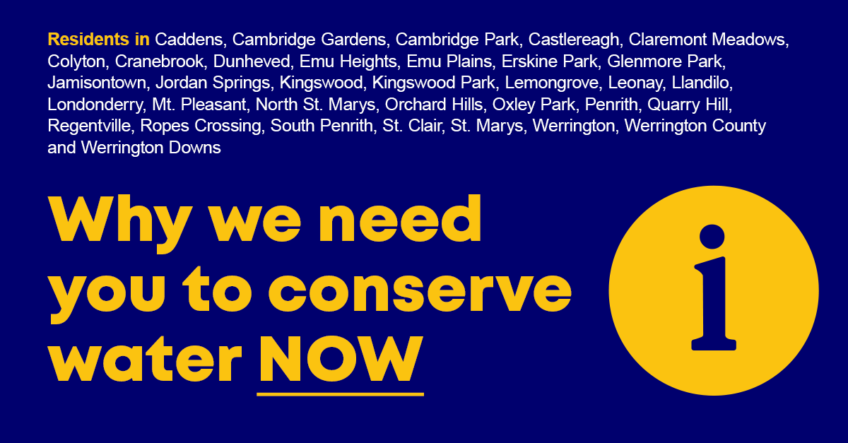 SydneyWaterNews's tweet photo. ⚠️Important info for residents in the following areas:

Please conserve water NOW if you live in one of these #Sydney suburbs: https://t.co/5GAwplYmu2