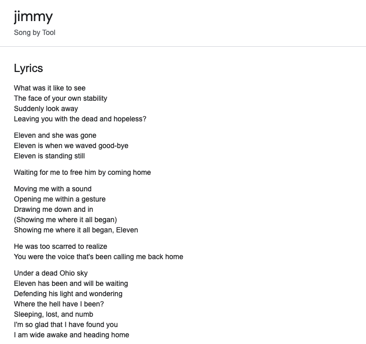TomHummerMusic's tweet photo. Anyone else notice how the @Tool song "Jimmy" could totally be about Jim Hopper and Eleven in Season 4 of Stranger Things? @Stranger_Things @mjkeenan #StrangerThings #StrangerThings4 https://t.co/Kck4eGMywW
