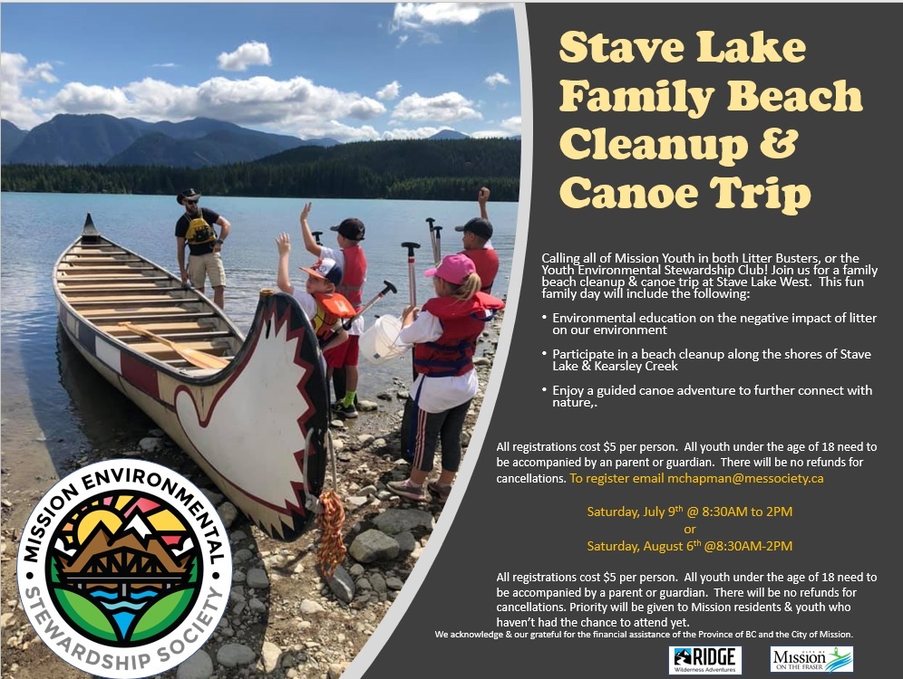 MissionMESS's tweet photo. Stave Lake Family Beach Cleanup &amp; Canoe Trip still has some spaces left!  Register now! #missionbc #messociety #litterbusters #stavelake #missionmess #lovemissionbc https://t.co/SNRMlI5bPy