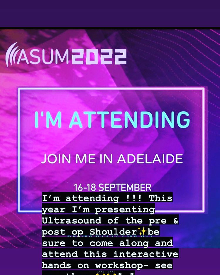 I’m attending !!! This year I’m presenting Ultrasound of the pre &amp; post op Shoulder✨be sure to come along and attend this interactive hands on workshop- see you then 🙌🙌# # MSKultrasound #ASUM #educacion #ultrasound #adelaide #gettingtogether