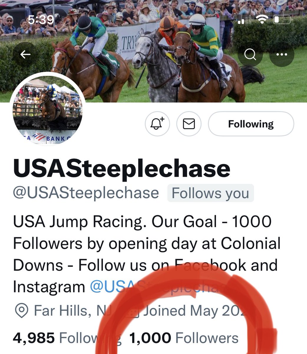 Steve Coxon Racing 🏇 (@usasteeplechase) on Twitter photo Six weeks ago we launched USASteeplechase on Twitter. The site was created to spread the word about our magnificent sport and our first goal was 1000 followers by @ColonialRosies. Appropriately we hit our goal the day the entries came out 💪 Next goal 2000 by Belmont 😎 <a href="/bohual/">Ó hUallacháin</a> Six weeks ago we launched USASteeplechase on Twitter. The site was created to spread the word about our magnificent sport and our first goal was 1000 followers by @ColonialRosies. Appropriately we hit our goal the day the entries came out 💪 Next goal 2000 by Belmont 😎 <a href="/bohual/">Ó hUallacháin</a>