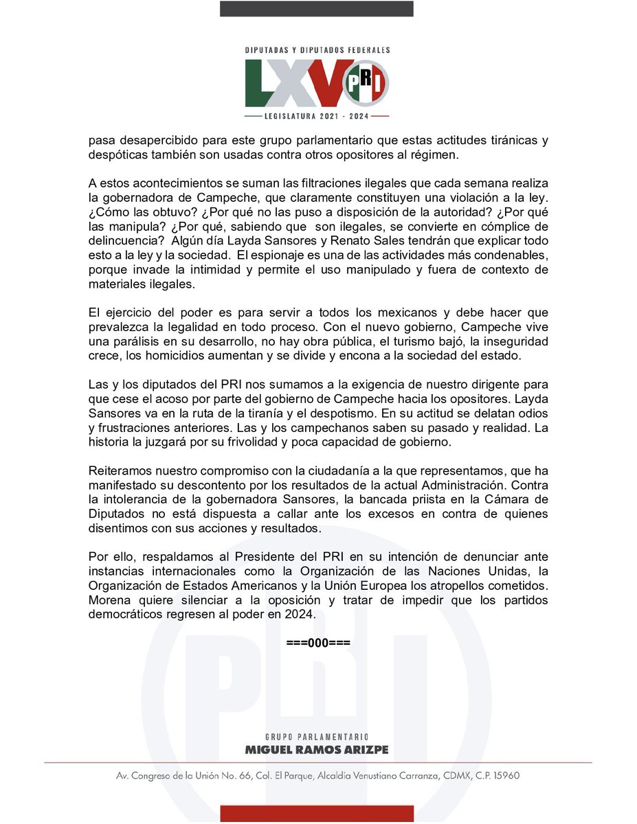 GPPRIDiputados's tweet photo. Los diputados y diputadas federales del PRI condenamos la persecución política en contra de nuestro dirigente nacional, @alitomorenoc.
#MorenaQuiereSilenciar
Aquí nuestro posicionamiento: https://t.co/8uL8gGcmZD