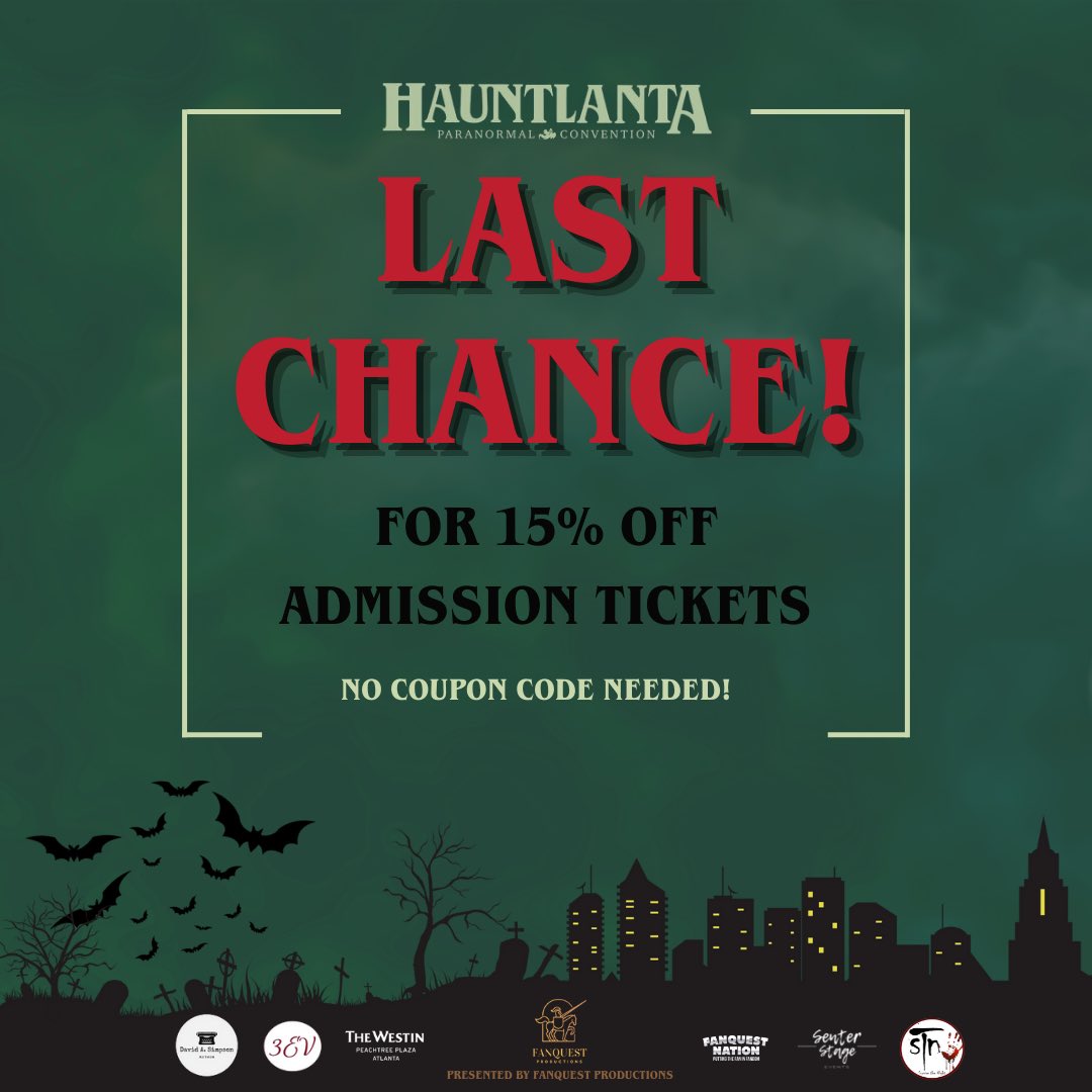 fanquestnation's tweet photo. 🚨ONLY A FEW HOURS LEFT!🚨

Last chance for 15% OFF! 
Sale ends at 11:59pm tonight! 
No coupon code needed, so go grab yours today!

👇👇👇
https://t.co/3hS2J3xFe1 

Seriously, what better way to kick off the fall season 🎃🕷🍁than with this lineup?! 👻
#Hauntlanta #Paranormal https://t.co/FgCABFfFTA