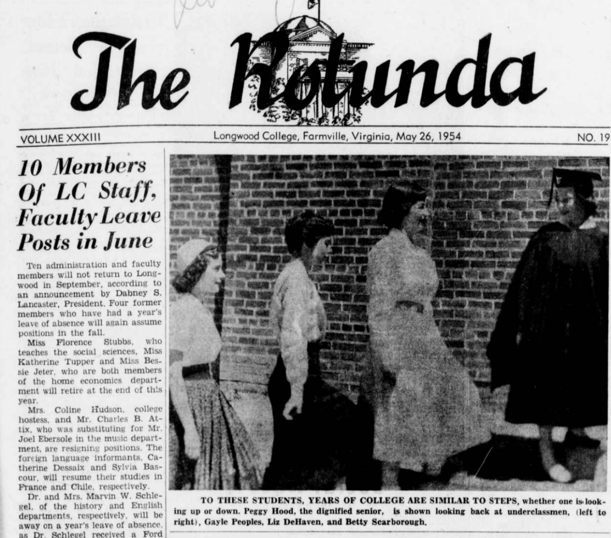 SusanD_Smith's tweet photo. Y'all Archivists do not get enough thanks and praise for their work. Thanks to an archivist I was able to find a digital copy of @longwoodu 's "Rotunda" from 1954, complete with a photo of my Grandmother. She turns 90 this week,and now I have this photo to share. #Throwback https://t.co/sUVo70ctgM