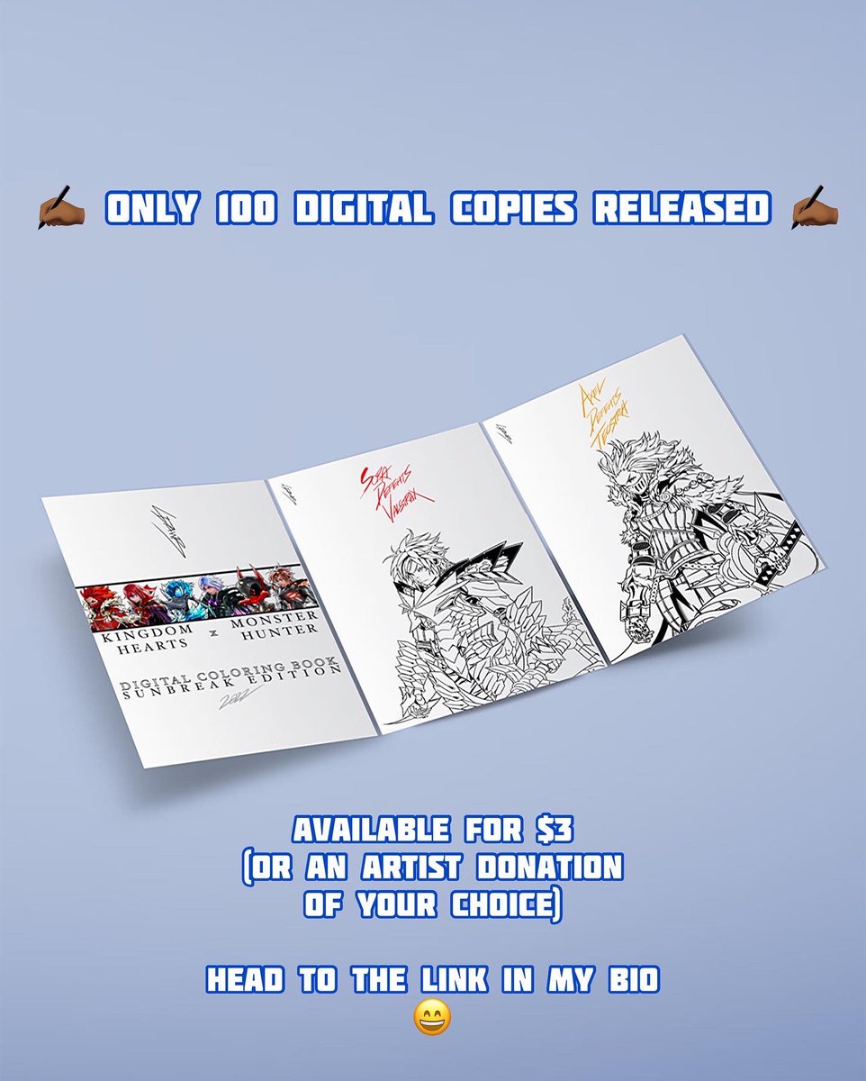 KH x MH Series: the Official Mini Digital Coloring Book☀️📔🖍
•
⏳ only 100 downloads released
•
You can grab yours for $3, or an artist donation of your choice (I appreciate the support 🙏🏽❤️)
•
Head to the link in my bio if you'd like one!
•
#MonsterHunter #KingdomHearts 