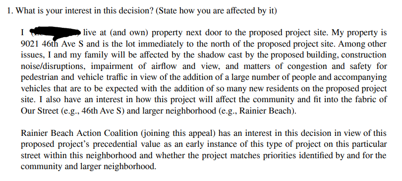 HearingSeattle's tweet photo. Filed today, an appeal against a 5 story apartment bldg with 42 efficiency apartments and no parking at 9025 46th Ave S in Rainier Beach. The appellant represents the Rainier Beach Action Coalition, and cites, among other things, the negative impact of shadows on their property. https://t.co/3efRLxv18X