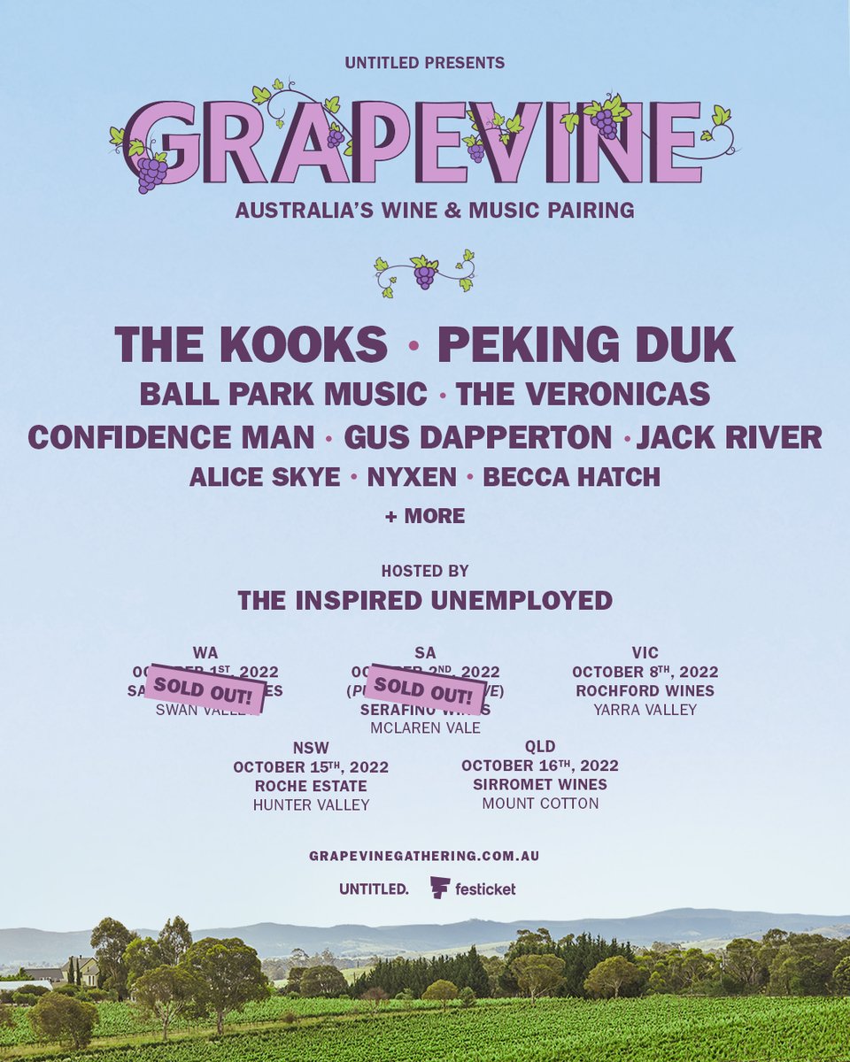 Tickets to our SA + WA legs have now SOLD OUT! All other states are drying up fast 🍇 → bit.ly/grapevinetix

Wallet spilt but still keen for a grape day? Secure your spot now for as little as $30 with our payment plan option.