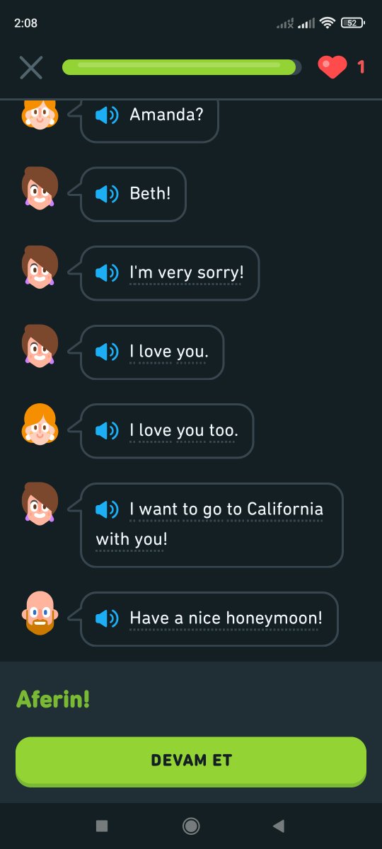<a href="/duolingo/">Duolingo</a> uygulaması sözde bir dil öğrenme uygulamasıydı. dinleme etkinliğinde karşıma çıkan diyalog beni şaşırttı. Amacı dil öğretmek değil sapkınlıkları yayma platformu olmuş artık. Yuh olsun.