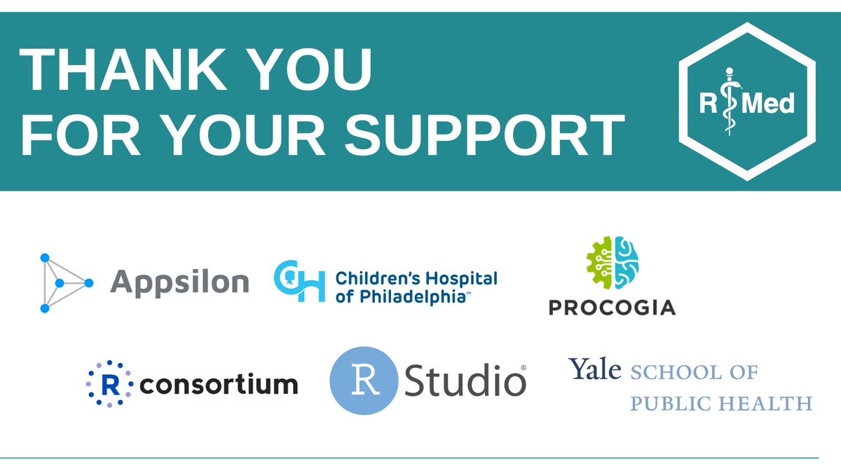 r_medicine's tweet photo. HUGE Thank You to all R/Medicine 2022 Virtual Conference sponsors @Appsilon, @ChildrensPhila, @ProCogia, @RStudio, @YaleSPH, and @RConsortium! #rmed2022 #rstats https://t.co/nh30A4xE6j